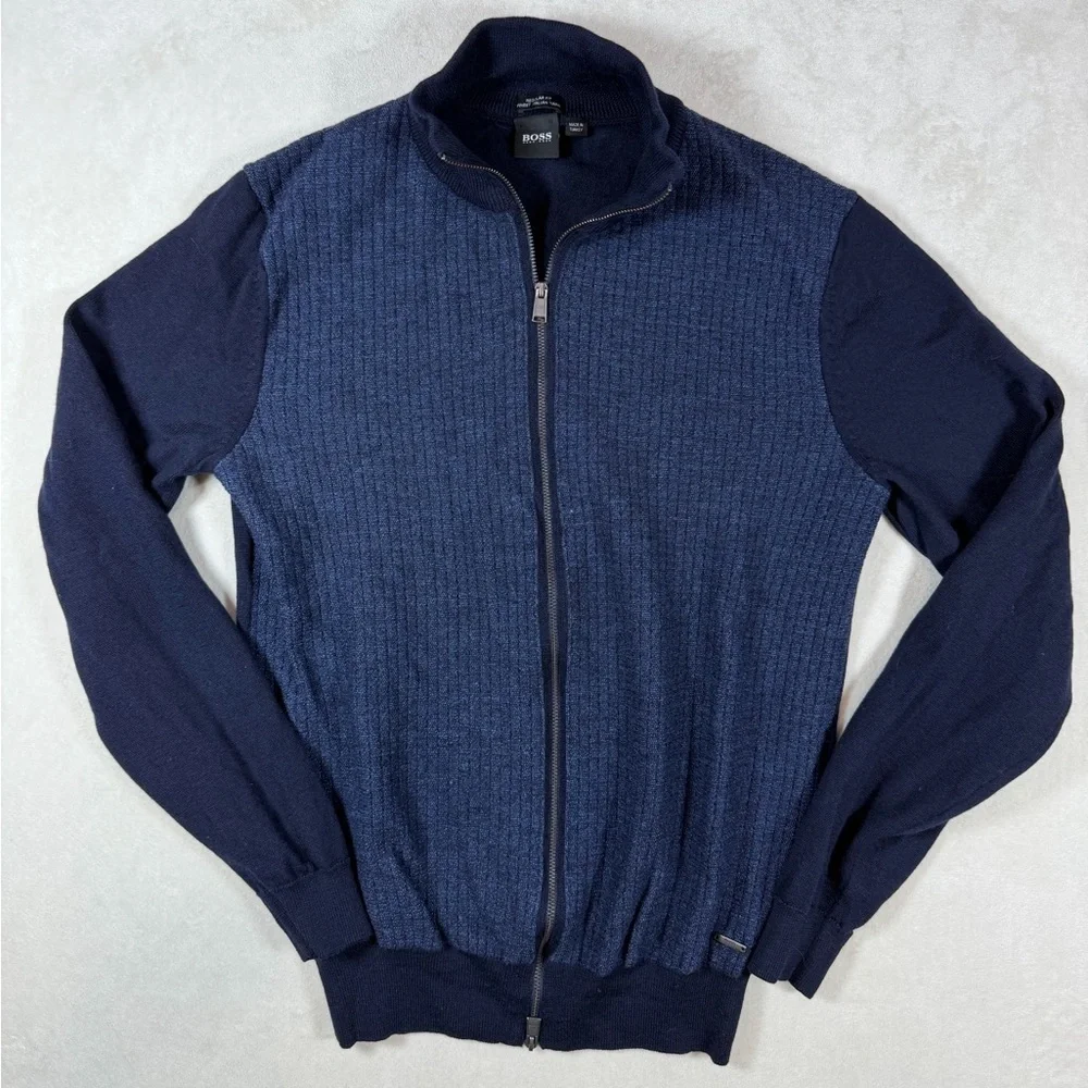 Hugo Boss Small 100% Wool Finest Italian Ribbed Men's Zip-Up Sweater in Navy